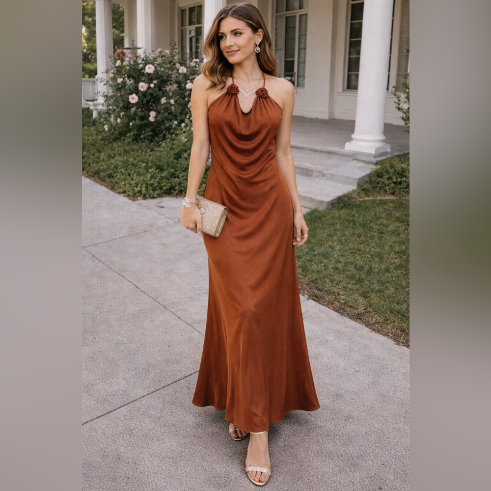 Fashion Nova Copper Halter Maxi Dress | XL | Stretchy & Flowy
